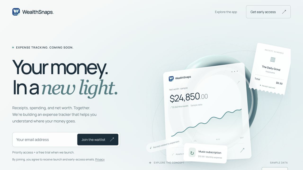 WealthSnaps landing page showing its expense-tracking concept with sample net worth and a receipt